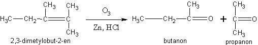 Ozonoliza 2,3-dimetylobut-2-enu prowadzi do powstania propanonu i butanonu.