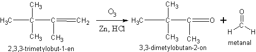 Ozonoliza 2,3,3-trimetylobut-1-enu prowadzi do otrzymania 3,3-dimetylobutan-2-onu i metanalu.