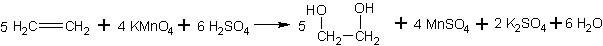 Utlenianie etenu za pomocą manganianu(VII) potasu w temperaturze pokojowej.